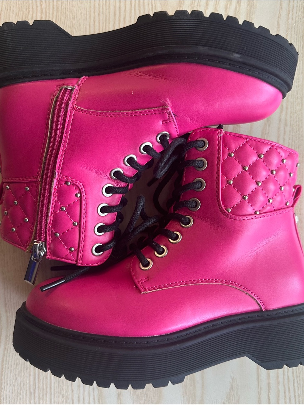 Girls Hot Pink Quilted Lace-Up Platform Boots
